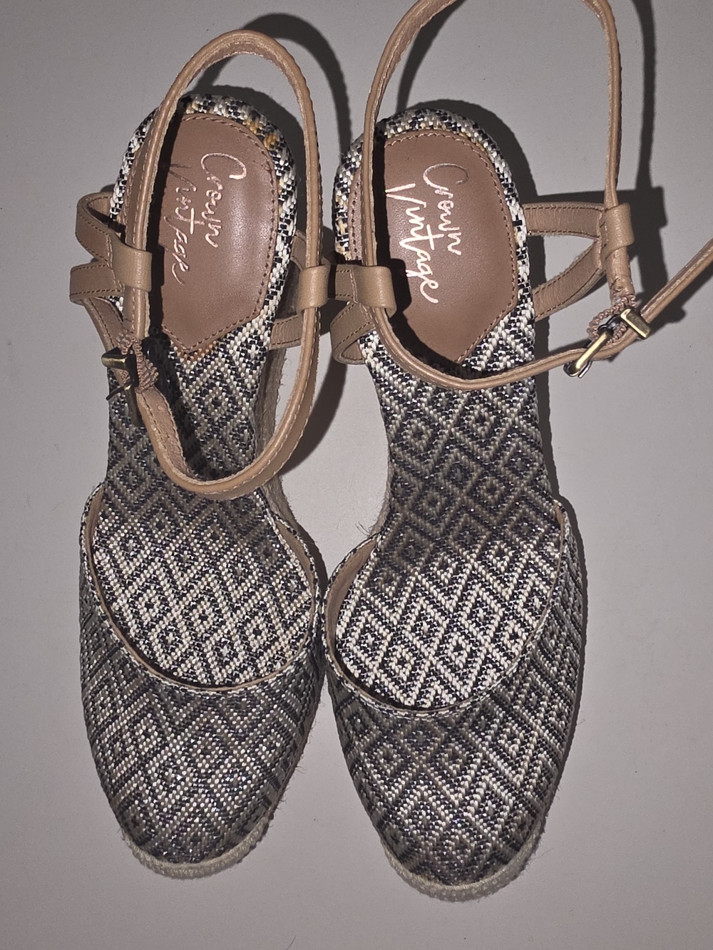 New Crown Vintage Black, Cream and Tan Geometric Espadrille Sandals